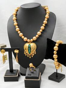 Round Beaded Red Zirconia Heart Necklace Women Jewelry Sets Handmade Middle East 24K Gold Bridal Earrings Ring Bracelet Birthday Gifts Handmade Bead - Green - View 9