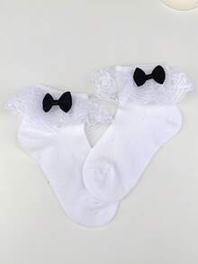 5 Pairs Baby/Toddler Girls' Cute Lace Bow Trim Ankle Socks, Suitable For Daily Basic Matching - White - View 4