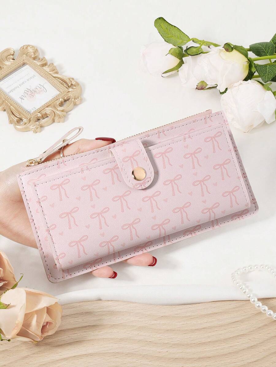 Pink Bow Love Pattern Bag,Fold Over Long Wallet Women Fashion Modern Business Slim Portable Versatile Large Capacity Credit Card Zipper ID Card Money Cash Storage Business Casual Perfect School College Work Business Commute Teachers' Day Back To School Holiday Office Anniversary Lover For Birthday Gift On Valentine Day Christmas Lady Female Women White-Collar Workers College Student,Bag School Supplies For School Dorm Room & Back To School - Pink - View 1