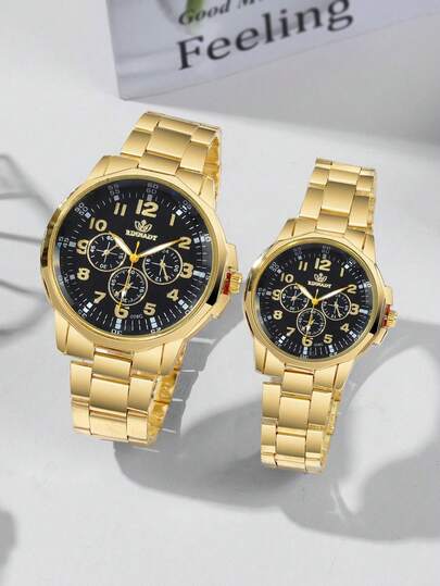 2 ساعة للزوجين مجموعة موضة مع سوار من الفولاذ المقاوم للصدأ بلون ذهبي، قرص مختلط المقياس، للاستخدام اليومي، إكسسوار متطابق، هدية عيد
