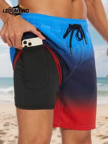 LEDUNTINO [Spring/Summer] Men's Fashion 2-In-1 Double Layer Shorts, Sports, Gradient Color, Husband/Boyfriend Gift, Men's Summer Shorts, Beach, Vacation, Multi-Pocket Shorts Bottoms - Red - View 1