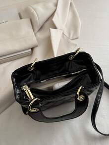 Spring/Summer New Women's Handbag, Toffee Color, Retro Fashion Rhombus Pattern Mini Tote Bag, Square Shape, Zipper Closure, Adjustable Long Shoulder Strap, Small Capacity Lightweight Crossbody Bag - Black - View 6