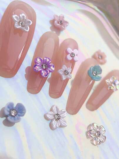 10pcs Nail Charms Nails, Unas Nail Supplies, Spring/Summer Dopamine Five-Petal Flower Nail Charms, Simple And Versatile Metal Nail Supplies, Wedding Season, Travel, Shiny White Rhinesto Nail Gems, Suitable For Multi-Functional DIY Accessories, Nail Decorations.