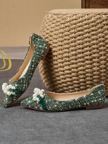 WHDXY 1 Pair Women Green Pearl Flat Shoes, Pointed Toe Soft Leather Comfortable Office Work Shoes, Versatile Loafers, Ballerina Flats Casual Chic Commuting Shoes - Green - View 3