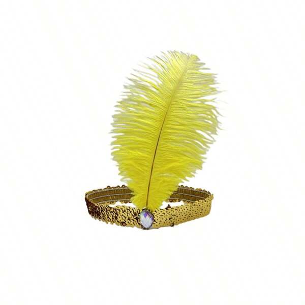 Faux Ostrich Feather Headpiece With Sequins, Elastic Band, Colorful Rhinestone For Carnival Masquerade, Headdress