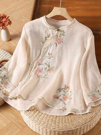 JIANHU 女士亚麻棉质刺绣波西米亚风衬衫 - 中式结饰领，花卉刺绣，休闲夏季束腰外衣，适合花园派对/约会之夜/休闲装