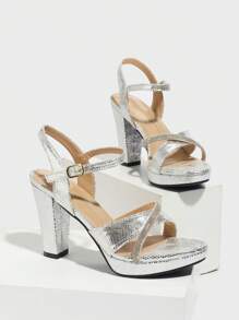 Women's High Heel Sandals, New Strap Open-Toe Silver High Heels, Quality Comfort Glamorous Fashion Holiday Party Versatile Elegant Themed Date Vacation Daily Shoes