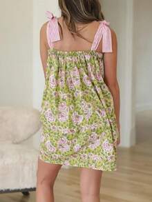 Women Floral Mini Tie Shoulder Dress Sleeveless Square Neck Knot Cami Flowy Boho Vacation Beach Short Y2k Sundress - Pink - View 4