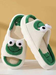 1 par de pantuflas planas y cómodas de lino y estampado de dibujos animados, antideslizantes, unisex, para todo el año