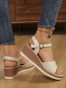 Women's One-Buckle Thick Bottom Wedge Sandals, New Beige Open Toe Wedge Sandals For Spring/Summer - Beige - View 5