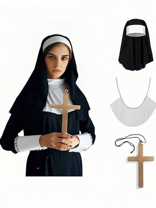 Nun Costume Set: Hat + Scarf + Cross Necklace, Adult Cosplay Accessories, White Collared Women's Hat, Gold Cross Pendant Necklace. This Multi-Functional Set Includes Everything You Need To Embody The Classic Look Of A Nun With A Modern Twist.