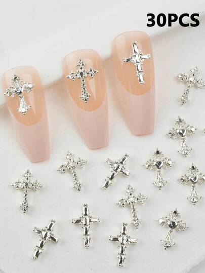 30Pcs Classic European & American Style Luxurious Metal Cross Nail Art Decorations, 3 Styles Mix In Silver Color, Goth Chic Metal Cross Minimalist Design, Suitable For Girls/Women Nail Decoration, Y2K Vintage Cross Nail Jewelry Nail Supplies Nails Nail Charms Nail Gems