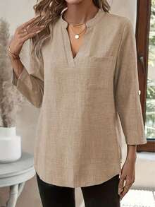Blusa elegante y casual con bolsillo y cuello en V para mujer - Caqui - Ver 3