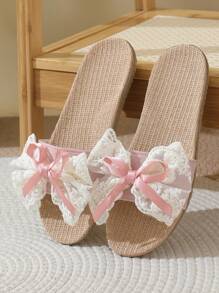 Chaussons en lin pour femmes, porter à l'intérieur et à l'extérieur pour les couples, décoration nœud en dentelle respirante antidérapante, légers, convient au printemps, à l'automne et à toutes les saisons