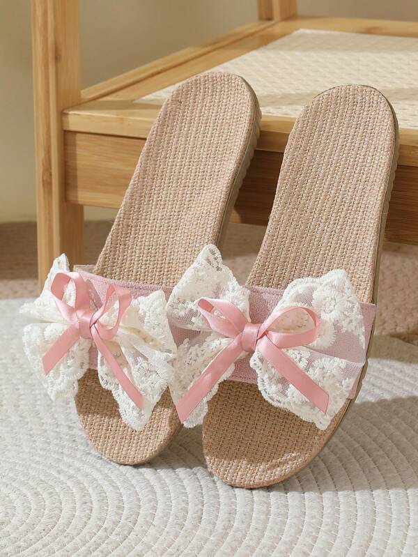 Chaussons en lin pour femmes, porter à l'intérieur et à l'extérieur pour les couples, décoration nœud en dentelle respirante antidérapante, légers, convient au printemps, à l'automne et à toutes les saisons