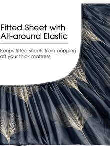 Juego de sábanas de 4 piezas con estampado de hojas de ginkgo azul marino y flores, juego de ropa de cama de microfibra suave y de fácil cuidado (1 sábana plana + 1 sábana ajustable + 2 fundas de almohada) Juego de sábana ajustable Tamaño King, Queen, Full, TWIN. Bolsillo profundo de hasta 11,8 pulgadas, suave, transpirable y sin arrugas, mejor para dormir, estilo de hotel de lujo, regalo para mamá, papá, amigo - Multicolor - Ver 5