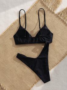 Women's Solid Color Metal Ring Detachable Strap Bikini Set, Summer - Black - View 3