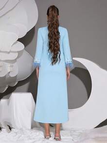 Modphy 2025 New Elegant High Collar Rhinestone Faux Feather Flare Sleeve Slim Fit Long Dress, Women's Formal Dress For Graduation, Party, Banquet, Gown, For Evening, Wedding Guest - Baby Blue - View 9