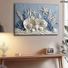 Framed Seashells And Starfish Canvas Wall Art - Wood Frame, Blue Floral Decor, Coastal Home Decor For Living Room Or Kids Magic Space, Wraparound Canvas Design, Beach Themed Decor, Great For Room Decor, Ready To Hang