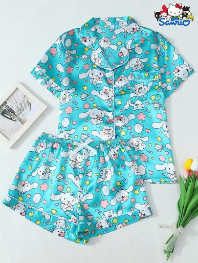 Sanrio 2pcs Women's Spring/Summer Satin Sanrio Cinnamoroll Floral Print Polo Collar Short Sleeve Button Pocket Top And Bowknot Shorts Pajama Set, Suitable For Home Wear