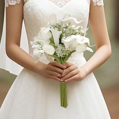 逼真新娘捧花，栩栩如生的马蹄莲新娘捧花，婚礼鲜花，伴娘婚礼仪式捧花，白色婚礼花束，婚礼用品