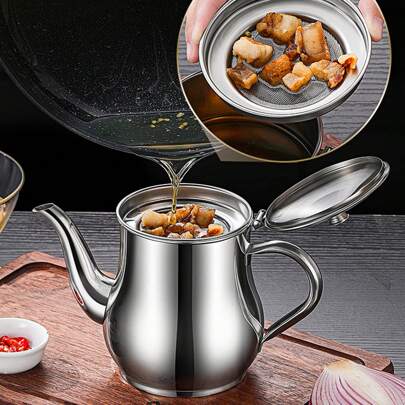 1PC Stainless Steel Oil Pot Filter Pot, 11oZ/13oZ/18oZ/32oZ Grease Container Oil Leak Proof, Fine Mesh Filter Can Be Heated Oil Bottles, Oil Storage Tanks, Teapots, Can Be Filled With Oil, Soy Sauce, Soy Milk And Drinks, For Home Kitchens, Outdoor Picnic Beverage POTS, Cantons, Restaurants, Hotel Kitchens, Etc