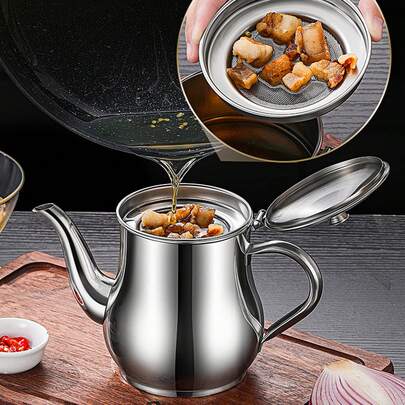 1 Bình rót dầu bằng thép không gỉ, dung tích 11oz/13oz/18oz/32oz, chống rò rỉ, có lưới lọc mịn, thích hợp để đun nóng dầu, đựng dầu ăn, nước tương, sữa đậu nành và đồ uống, dùng trong nhà bếp, dã ngoại, nhà hàng, khách sạn.
