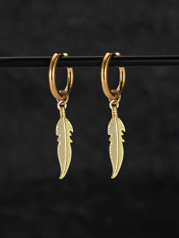1 Pair Men's Stainless Steel Feather Pendant Minimalist Earrings