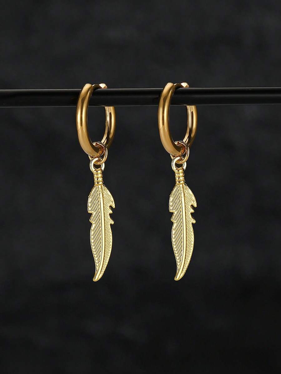 1 par de pendientes minimalistas de pluma de acero inoxidable para hombres