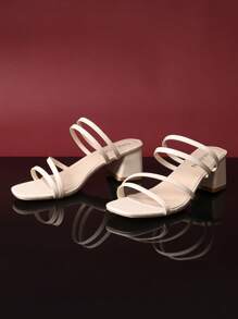 1pair Women's Beige Block Heel Slide Sandals, Soft PU Pull Strap Material Square Toe Dual-Color Rubber Non-Slip Sole, Fashionable Luxury High Heel House Slippers Suitable For Daily Casual, Vacation, Travel, Gathering, Beach Wear, Summer New