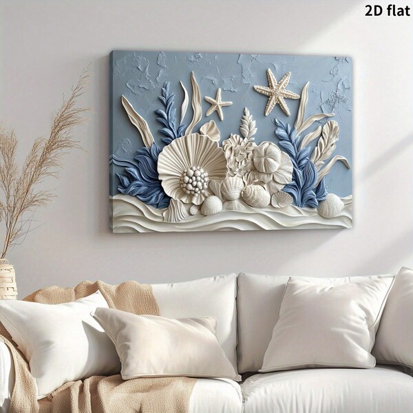 Framed Seashells And Starfish Canvas Wall Art - Wood Frame, Blue Floral Decor, Coastal Home Decor For Living Room Or Kids Magic Space, Wraparound Canvas Design, Beach Themed Decor, Great For Room Decor, Ready To Hang