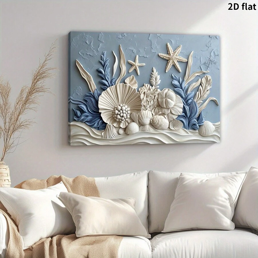 Framed Seashells And Starfish Canvas Wall Art - Wood Frame, Blue Floral Decor, Coastal Home Decor For Living Room Or Kids Magic Space, Wraparound Canvas Design, Beach Themed Decor, Great For Room Decor, Ready To Hang
