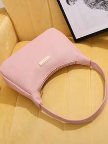Bolso de mujer de grano de lichi PU, bolso de hombro de moda para mujer, bolso de mano de unicolor con cierre de cremallera y muñequera, forro de poliéster, versátil bolso de almohada para debajo del brazo - Disponible en blanco, negro, rosa, caqui, marrón