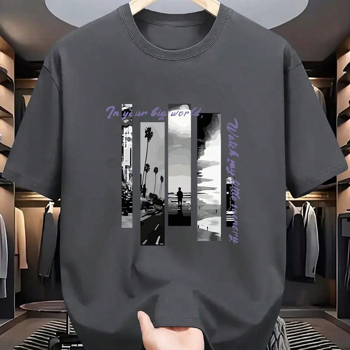 Camiseta casual de manga corta con cuello redondo, estampado de paisaje y letras, versátil y de moda para hombres, verano