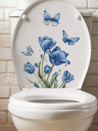 1/2pcs Flower Toilet Stickers, Blue Butterfly Toilet Lid Decals, Flower & Butterfly Pattern Toilet Seat Stickers, PVC Self-Adhesive Bathroom Decor Wall Stickers