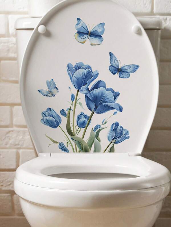 1/2pcs Flower Toilet Stickers, Blue Butterfly Toilet Lid Decals, Flower & Butterfly Pattern Toilet Seat Stickers, PVC Self-Adhesive Bathroom Decor Wall Stickers