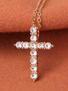 Silver Full Diamond Cross Necklace Simple Casual Pendant Necklace 2 Colors Available - Silver - View 10