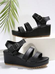 Women's Strap Buckle Decor Round Toe Thick Platform Wedge Sandals, Fashionable And Casual - Black - View 5