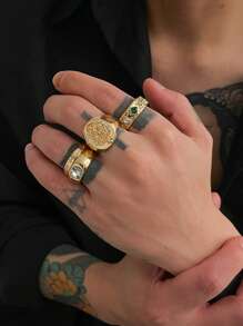 4-Piece Set Asymmetrical Diamond Decor Vintage Geometric Design Fashion Rings