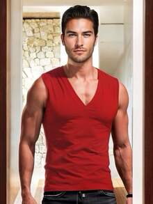 Playera Basica de Escote V con Hombros Descubiertos para Hombre - Rojo - Ver 2