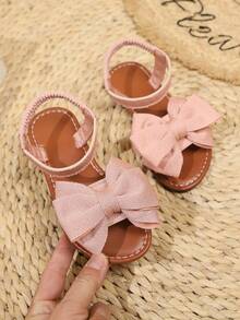 1 Pair Beige Plus Size Girls' Flat Sandals With Knitted Mesh, Big Bow Decor, Elastic Strap, Round Toe, Fashionable & Cute, Suitable For 3-15 Years Old Girls, Daily, Casual, Party, Travel, Spring/Summer - Pink - View 3