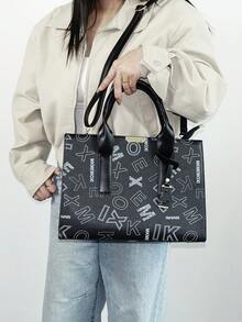 Women's Fashion Letter Print Multi-Functional Shoulder Tote Bag With Accessory, Stylish, Versatile For Commuting, PU Leather Material