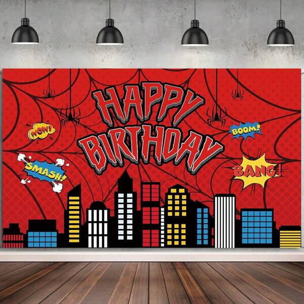 1 Stück rote Spinnennetz Happy Birthday Party Hintergrund Banner für Geburtstagsfest, Kuchentisch Banner, Fotobox, Superhelden Themen Party Dekorationsutensilien Geschenk