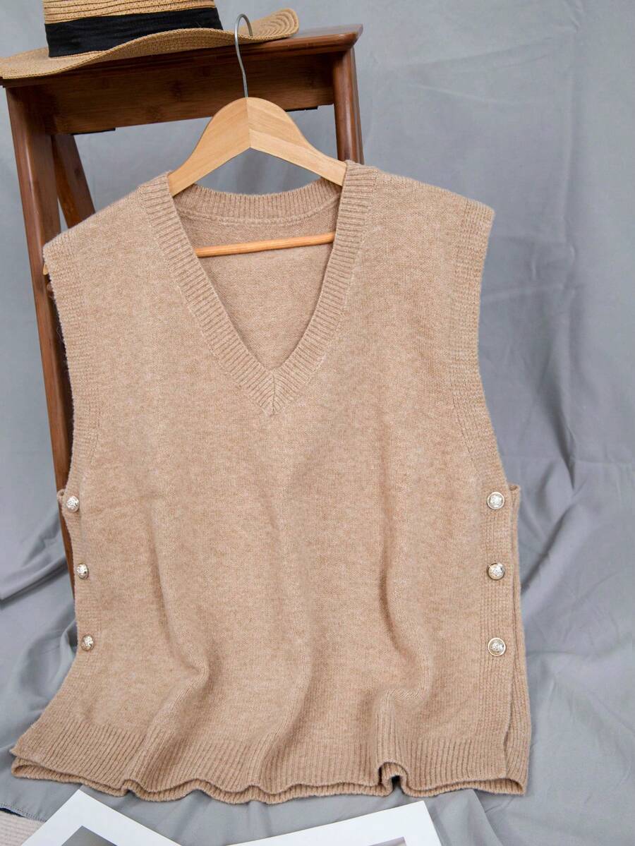 Plus Size Solid Color V-Neck Button Loose Casual Knit Pullover Sweater - Khaki - View 1