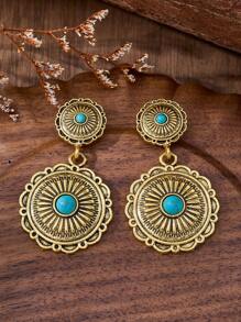 MONLOTTI Retro Cowgirl Western Totem Engraved Geometric Patchwork Vintage Golden Earrings, High Quality Boho Turquoise Jewelry For Women, Suitable For Daily, Festival, Party Wear, All-Occasion Outfit