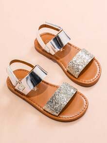 1 Pair Girl's Plain Color Casual Flat Sandals, Comfortable And Durable For Summer - Silver - View 1