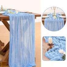 1pc Light Blue Cheese Cloth Table Runner, Bohemian Sheer Fabric Tablecloth, Rustic Transparent Tablecloth For Wedding, Birthday, Baby Shower Party, Bohemian Dining Table Decor