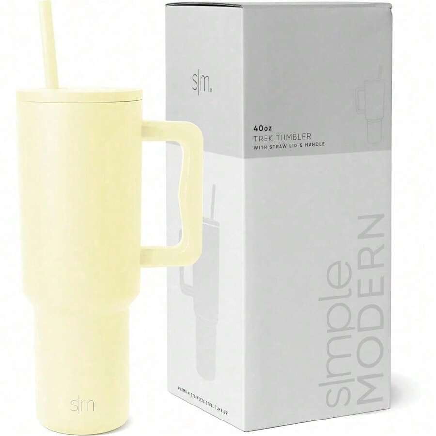 Térmico con Asa y Pajita | Botella de Agua Acero Inoxidable Aislado | Vaso de viaje para café helado | Trek Colección | - Amarillo - Ver 1