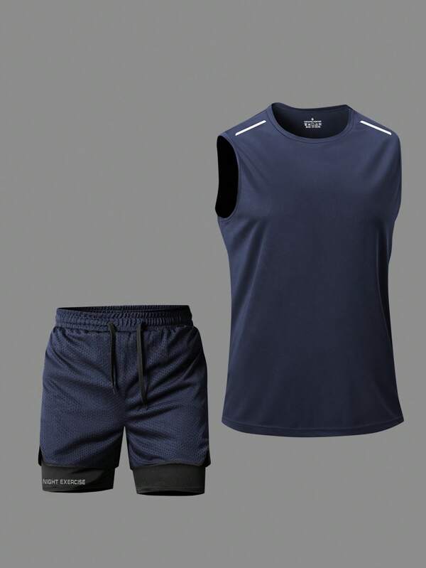 Outdoor Sports Set, Blue Breathable Tank Top And Shorts Set, Stylish And Comfortable For Summer Workout, Running, Hiking
