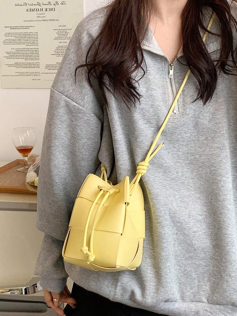 Mini Casual Woven Crossbody Bag, Small Shoulder Bag, Drawstring Bucket Bag, Solid Color PU - Yellow - View 1
